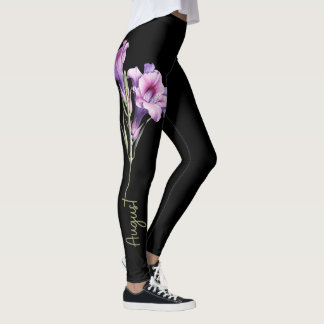 August Birth Blume, Lila Gladiolus auf Schwarz Leggings