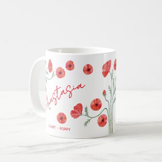August Birth Flower Custom Name Poppy Kaffeetasse (Vorderseite Links)