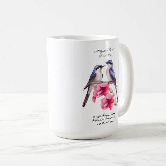 August Birth Monat Blume Gladiolus mit Vögeln Kaffeetasse (VorderseiteRechts)
