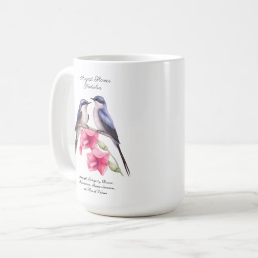 August Birth Monat Blume Gladiolus mit Vögeln Kaffeetasse (Vorderseite Links)