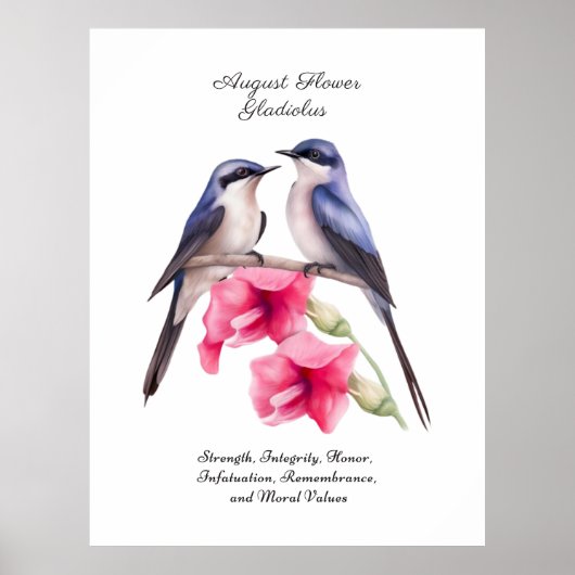 August Birth Monat Blume Gladiolus mit Vögeln Poster (Vorne)