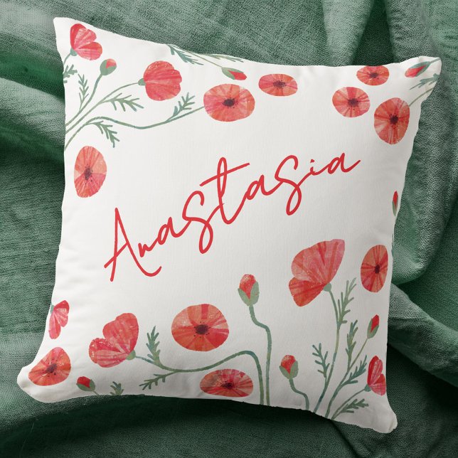August Birth Month Flower Poppy Personalized Kissen (August birthday birth flower month poppy personalized custom name throw pillow gift)