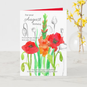August Birthday Gladiolus Red Poppy Birth Blume Karte
