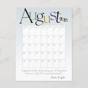 August Gray Modern Monthly Calendar 2025 Postkarte