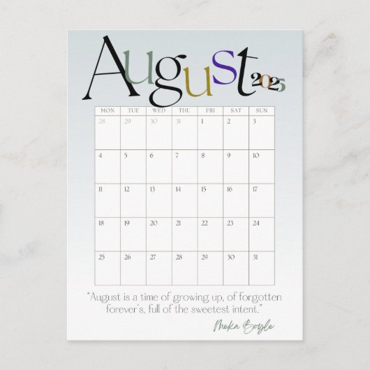 August Gray Modern Monthly Calendar 2025 Postkarte (Vorderseite)