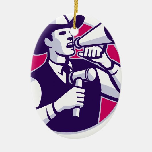 Auktionator-Cowboy mit Hammer und Megaphon Keramikornament (Vorne)