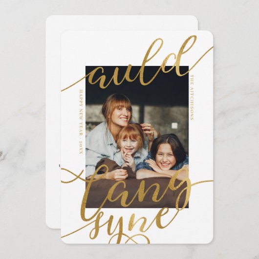 Auld Lang Syne | Gilded Calligraphy Foto Card Einladung (Vorne/Hinten)