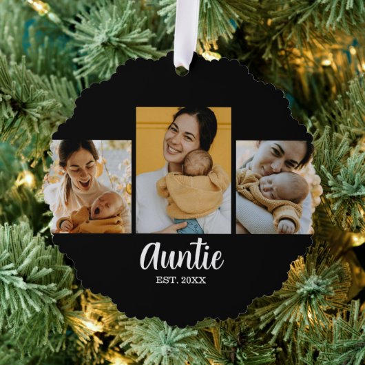 Auntie Established Modern Script Black 3 Photo Ornament Karte (Insitu (Baum))
