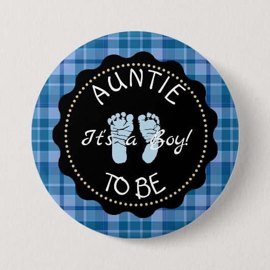 AUNTIE to be Blue Kariert Baby Shower Taste Button (Vorderseite)