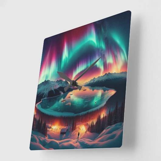 Aureola Borealis in Alaska Quadratische Wanduhr (Winkel)