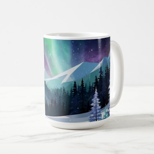 Aurora Borealis 2D Tasse | Snowy Forest & Mountain (VorderseiteRechts)