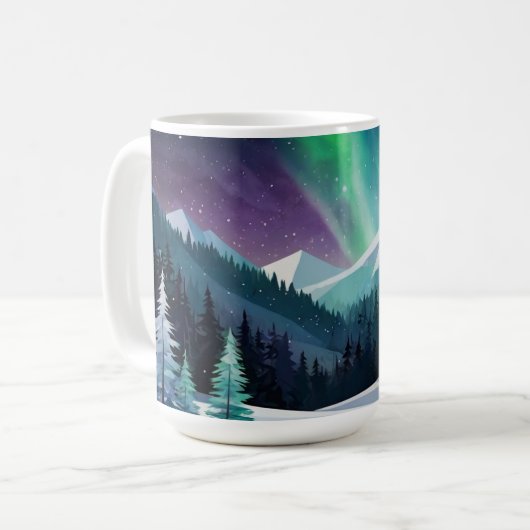 Aurora Borealis 2D Tasse | Snowy Forest & Mountain (Vorderseite Links)