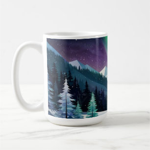 Aurora Borealis 2D Tasse   Snowy Forest & Mountain