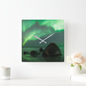 Aurora Borealis | Lofoten Beach Norwegen Quadratische Wanduhr (Zuhause)