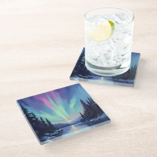 Aurora Borealis   Nordlicht Aquarell Glasuntersetzer