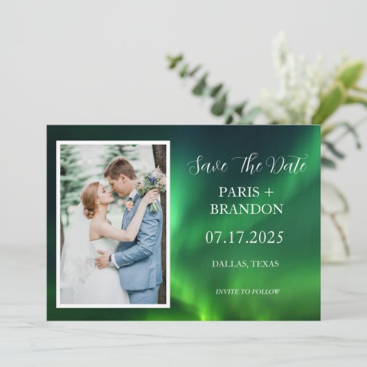 Aurora Borealis Northern Lights Foto Hochzeit Save The Date (Stehend Vorderseite)