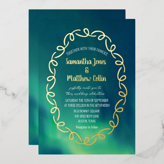 Aurora Borealis Northern Lights Goldmedaille Hochz Folieneinladung (Vorderseite/Rückseite)