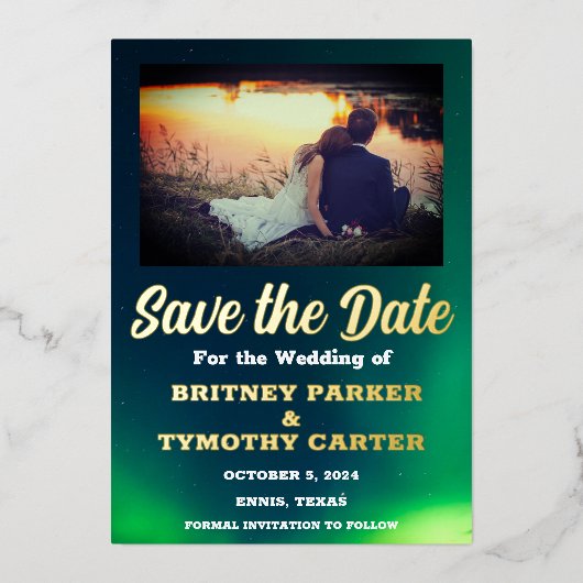 Aurora Borealis Sky QR Code Foto Hochzeit Folieneinladung (Vorderseite)