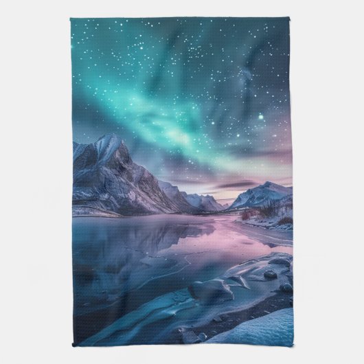 Aurora Borealis Über die verschneiten Berglandscha Geschirrtuch (Vertikal)