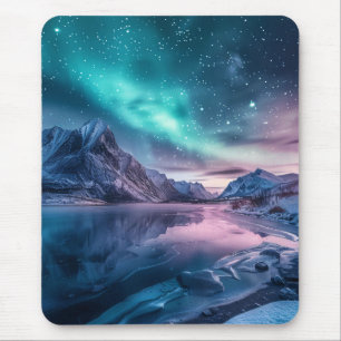 Aurora Borealis Über die verschneiten Berglandscha Mousepad