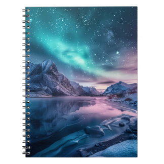 Aurora Borealis Über die verschneiten Berglandscha Notizblock