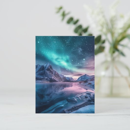 Aurora Borealis Über die verschneiten Berglandscha Postkarte (Stehend Vorderseite)
