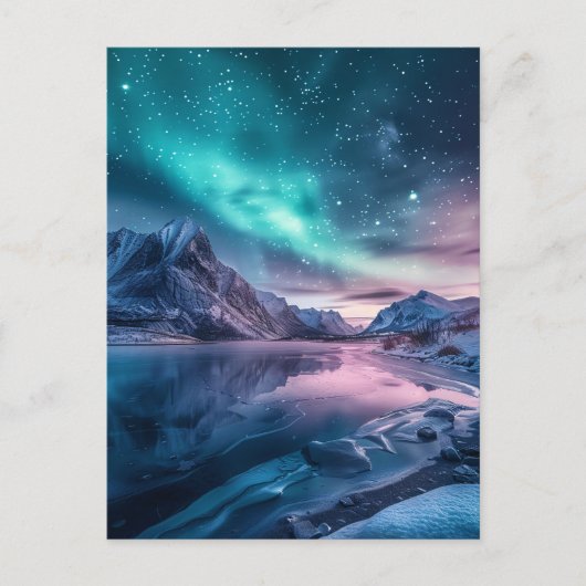 Aurora Borealis Über die verschneiten Berglandscha Postkarte (Vorderseite)