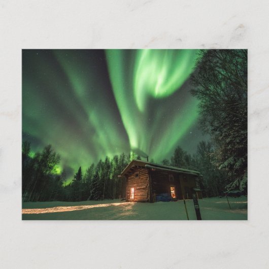 Aurora Borealis über Log Cabin Foto Postkarte (Vorderseite)