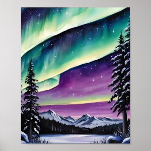 Aurora Borealis über Schneewald, Pinien, Landschaf Poster
