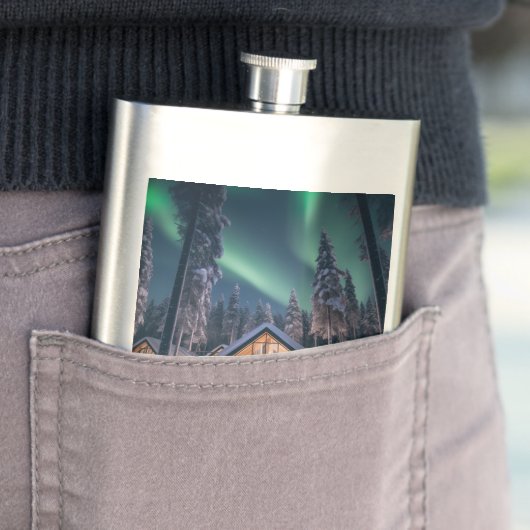 Aurora borealis über Winterkabine Flachmann (Beispiel)