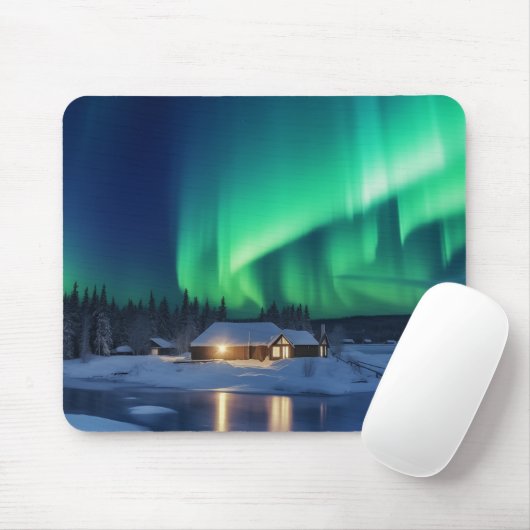 Aurora borealis über Winterkabine Mousepad (Mit Mouse)