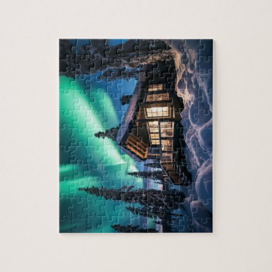 Aurora borealis über Winterkabine Puzzle (Vertikal)