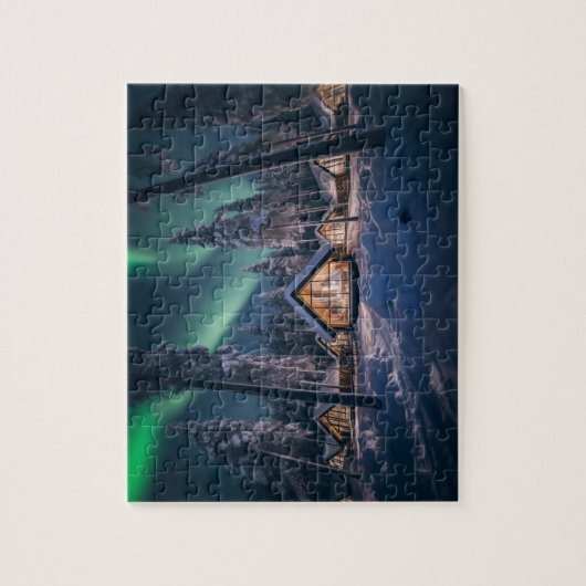 Aurora borealis über Winterkabine Puzzle (Vertikal)