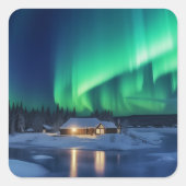 Aurora borealis über Winterkabine Quadratischer Aufkleber (Vorderseite)