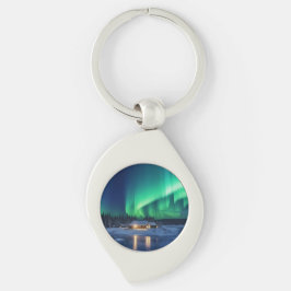 Aurora borealis über Winterkabine Schlüsselanhänger