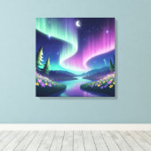 Aurora Dreams: Flowing River and Flower Field Leinwanddruck (Insitu (Holzboden))