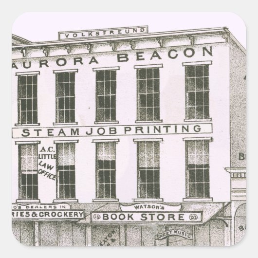 Aurora Illinois Aurora Beacon News 1871 Stone Lith Quadratischer Aufkleber (Vorderseite)