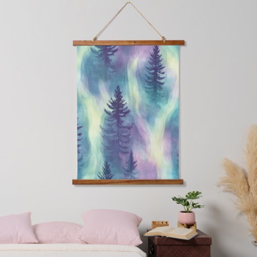 Aurora-Landschaft-Waldmuster Wandteppich Mit Holzrahmen (Schlafzimmer)
