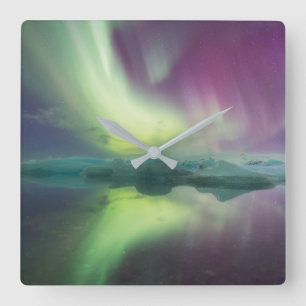 Aurora-Lichter in der Lagune   Jokulsarlon, Island Quadratische Wanduhr