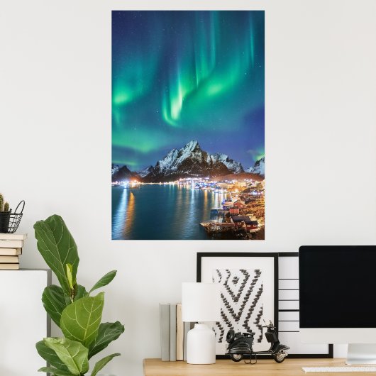 Aurora Nacht auf der Brücke nach Reine auf Lofoten Poster (Heimbüro)