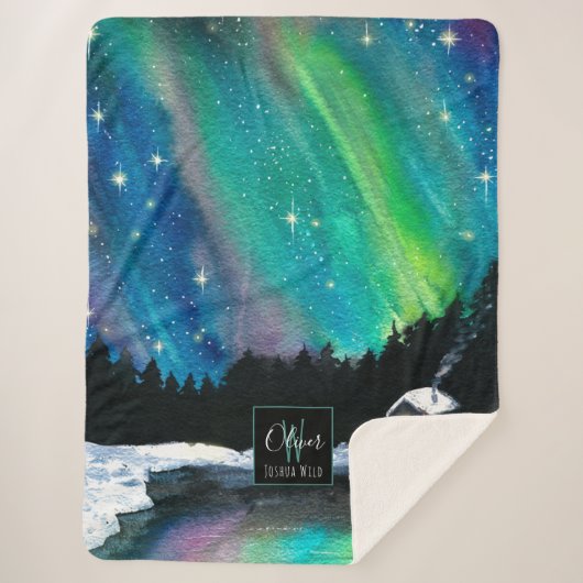 Aurora Nordlichter Winterhütte | Monogramm Sherpadecke (Vorderseite)