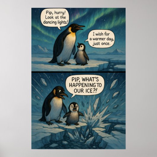 Aurora Penguins Comic - Witziger Klimawandel Poster (Vorne)
