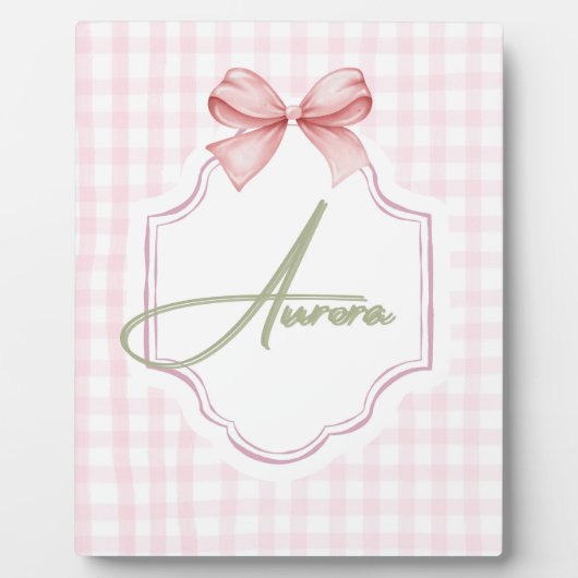 Aurora Personalisiert Pink Bow & Gingham Print Fotoplatte (Vorderseite)