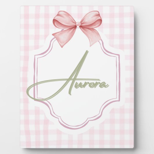 Aurora Personalisiert Pink Bow & Gingham Print Fotoplatte (Vorderseite)