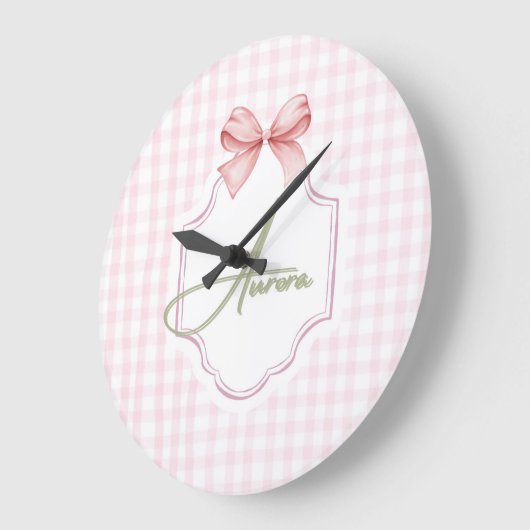 Aurora Personalisiert Pink Bow & Gingham Print Große Wanduhr (Winkel)