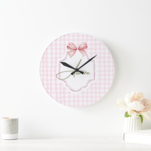 Aurora Personalisiert Pink Bow & Gingham Print Große Wanduhr (Zuhause)
