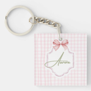 Aurora Personalisiert Pink Bow & Gingham Print Schlüsselanhänger