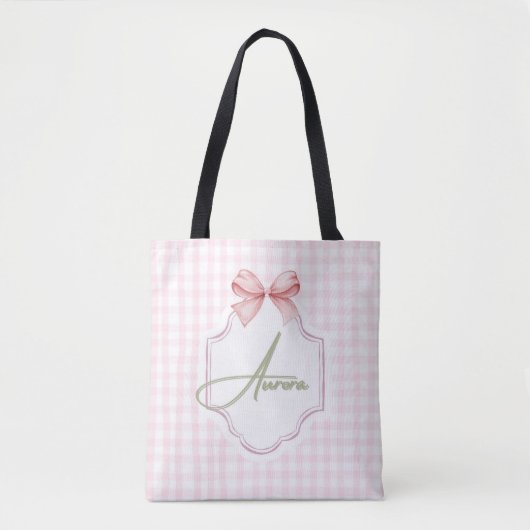 Aurora Personalisiert Pink Bow & Gingham Print Tasche (Vorderseite)