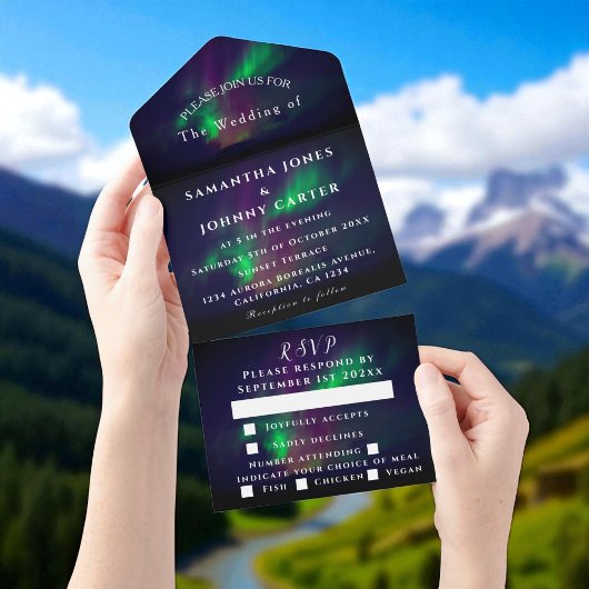 Aurora Starry Night Stars Northern Lights Wedding All In One Einladung