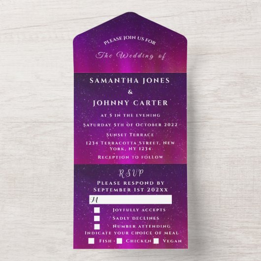 Aurora Starry Night Stars Sky Wedding Lila All In One Einladung (Innen Boden)